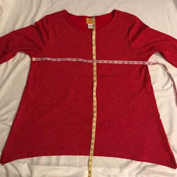 RUBY RD Classic RED & Metallic Silver Dotted "Shark Bite" Long Sleeve Tunic~EUC! - Picture 6 of 11